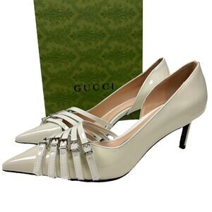 Gucci Cream Patent Leather Strappy Buckle Pointed Toe Kitten Heels New In Box 9